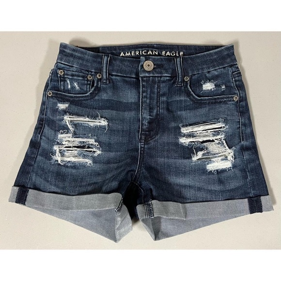 American Eagle Outfitters Pants - AE Dark Blue Distressed Stone-Washed Cuffed Denim Jean Shorts Bottoms Size 0 🤍